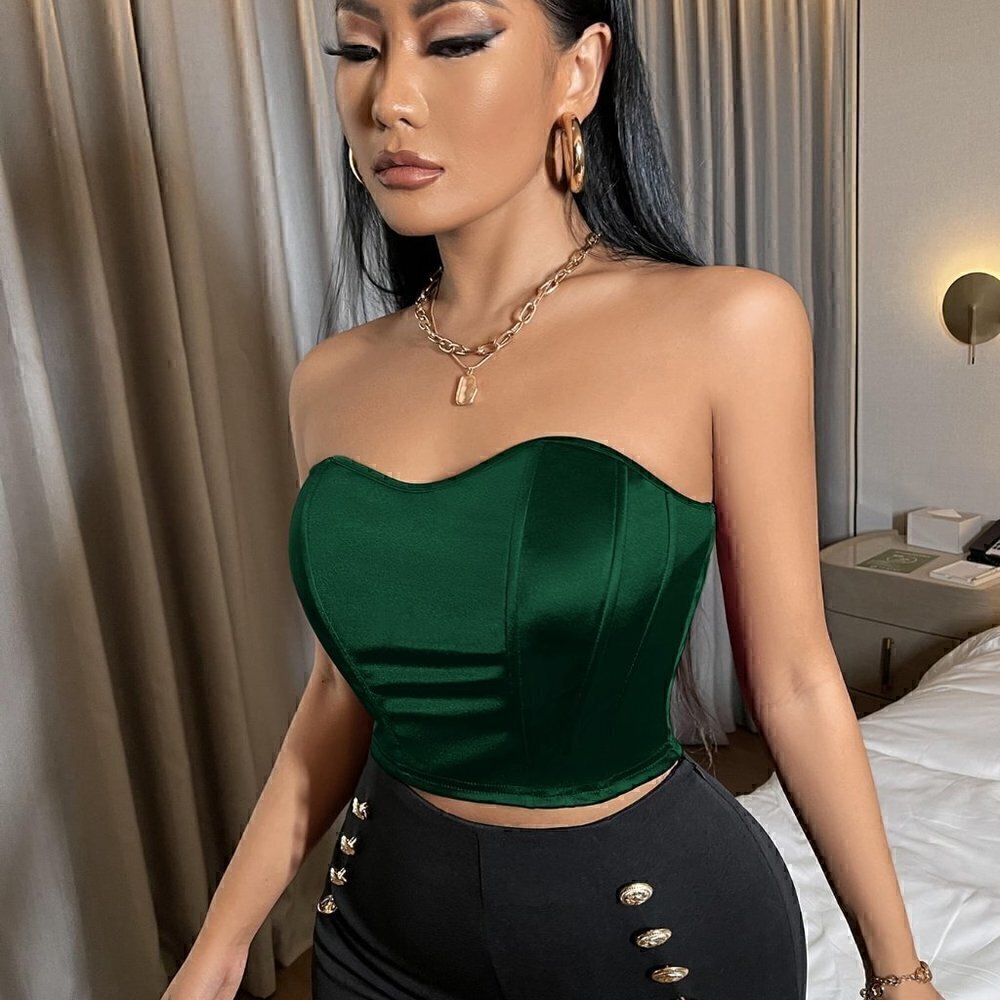 Green Casual Womens Satin Crop Bandeau Top - Picture 3 of 5